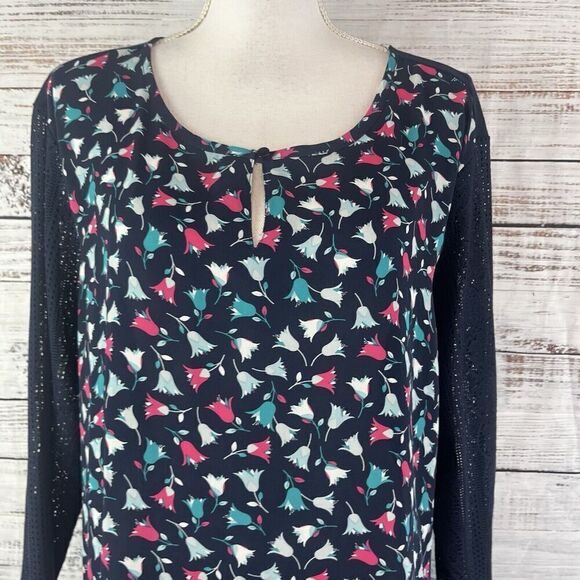 Van Heusen Blouse Tunic size Extra Large Navy Blue Pink Teal Tulips Lace Sleeves - Picture 5 of 11